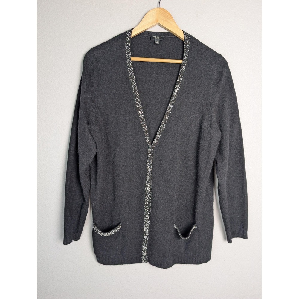 Talbots Cardigan‎ Womens 1X Black Open Pockets Beaded V-Neck Wool Angora